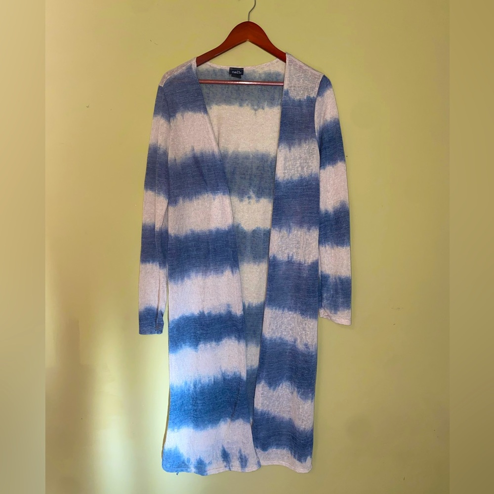 Blue and White Tye-Dyed Duster Cardigan- Size Med